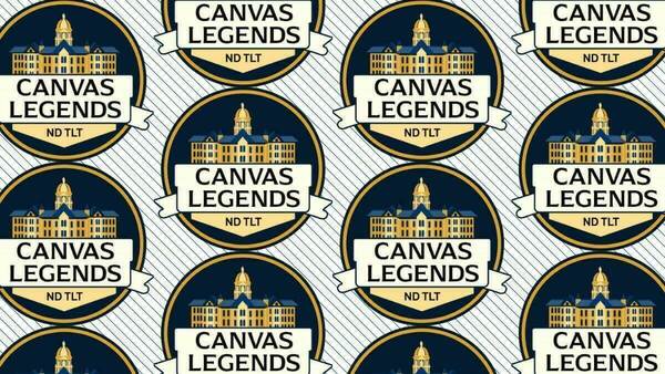 Repeating pattern of circular Canvas Legends logos.  A gold and blue graphic of the Main Building at the University of Notre Dame is above a cream banner with "Canvas Legends" in blue text. Below the banner is "ND TLT" also in blue text. The background is a repeating diagonal pinstripe pattern in navy and white.